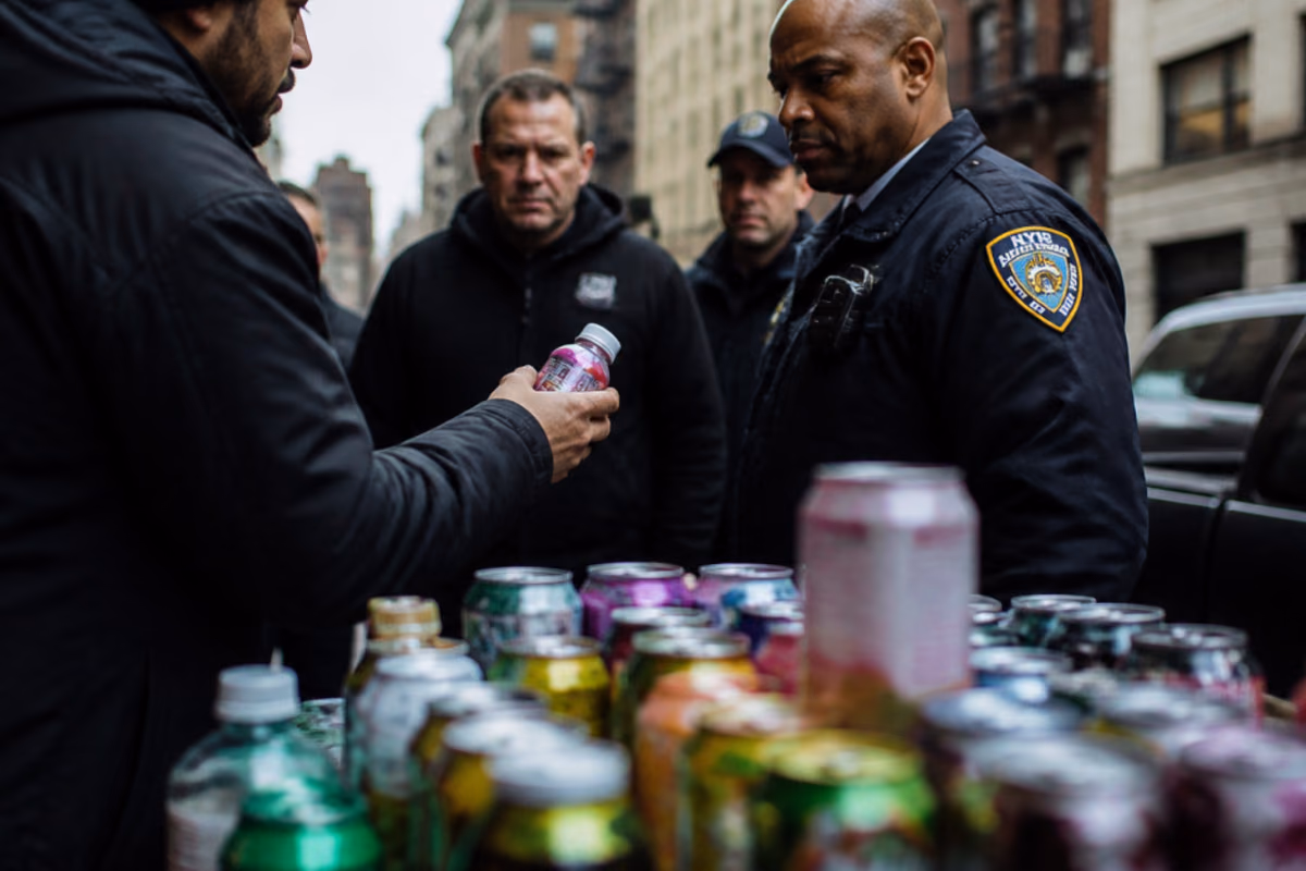 Mees näitab New Yorgi politseinikele joogipudelit tänaval, esiplaanil värvilised joogipurgid ja pudelid